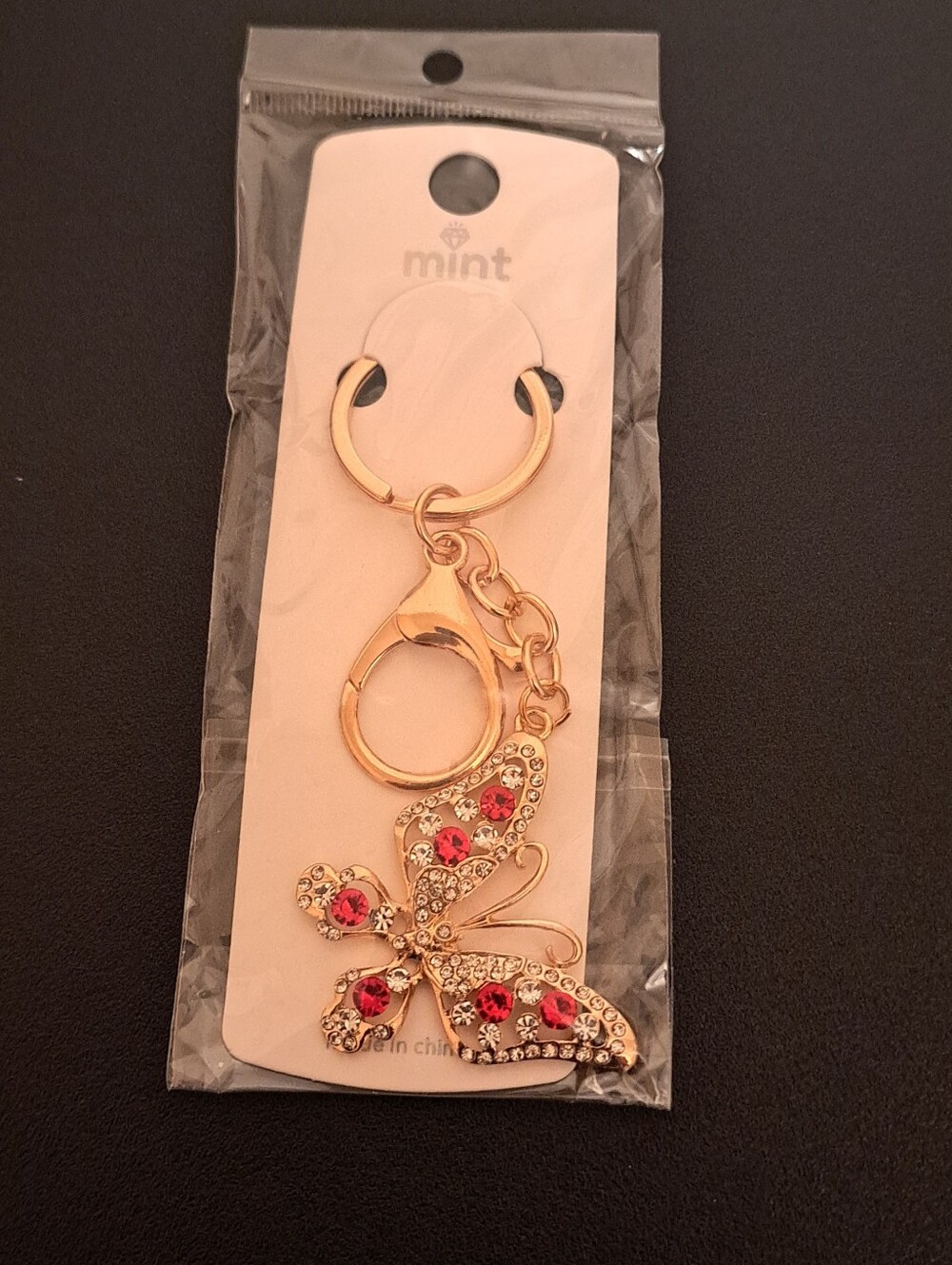 Mint Gold Butterfly Keychain with Red and Clear Crystals NIP
